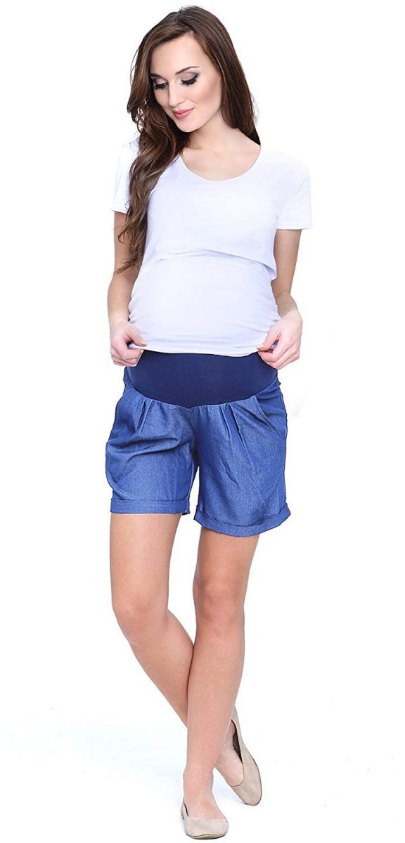 MijaCulture - Maternity Shorts Pants Trousers With Over Bump Panel 4074/M56  Blue