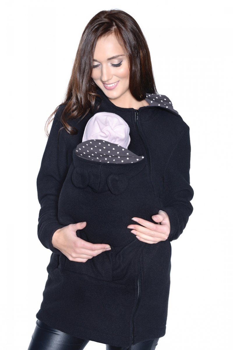 MijaCulture - Maternity Polar warm fleece Hoodie / Pullover for two / for Baby Carriers 3073A black / hearts