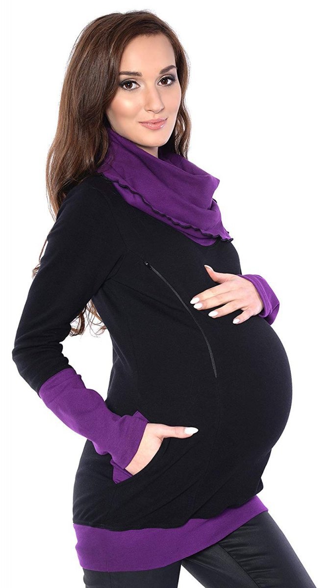 MijaCulture - 2 in 1 Maternity and Nursing breastfeeding warm Hoodie Top Pullover 4020A/M05 Black / Purple