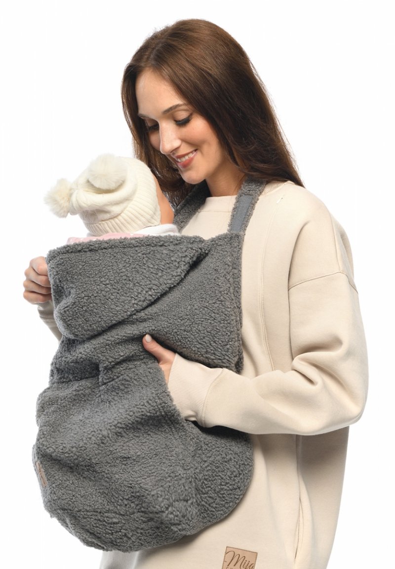 MijaCulture – warm universal cover TEDDY fleece for baby carrier or wrap M025 grey / pink