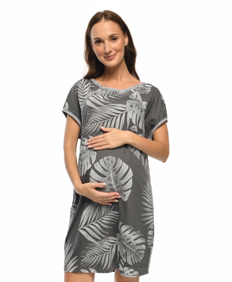 MijaCulture - labour maternity breastfeeding nightdress 4123 M80 Graphit / Palm trees