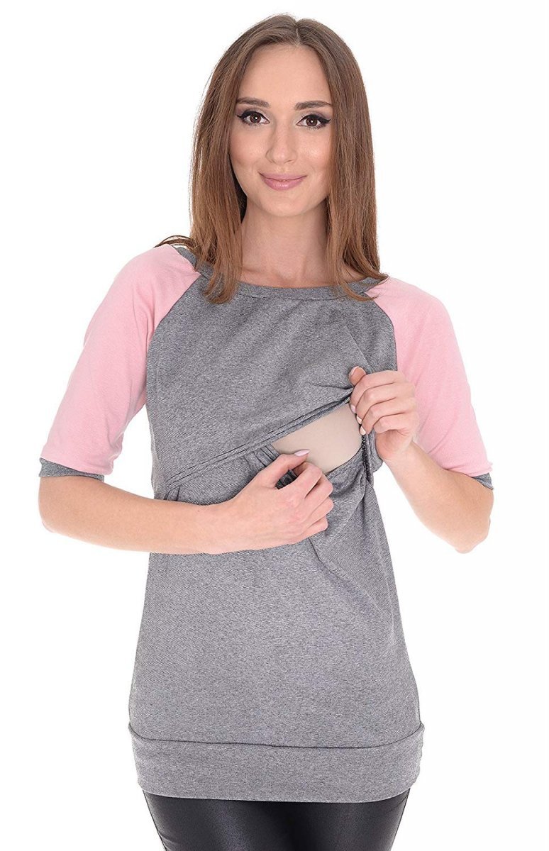 MijaCulture 2 in1 3/4 Maternity and Nursing Shirt Baseball T-Shirt 7141 Grey / Pink