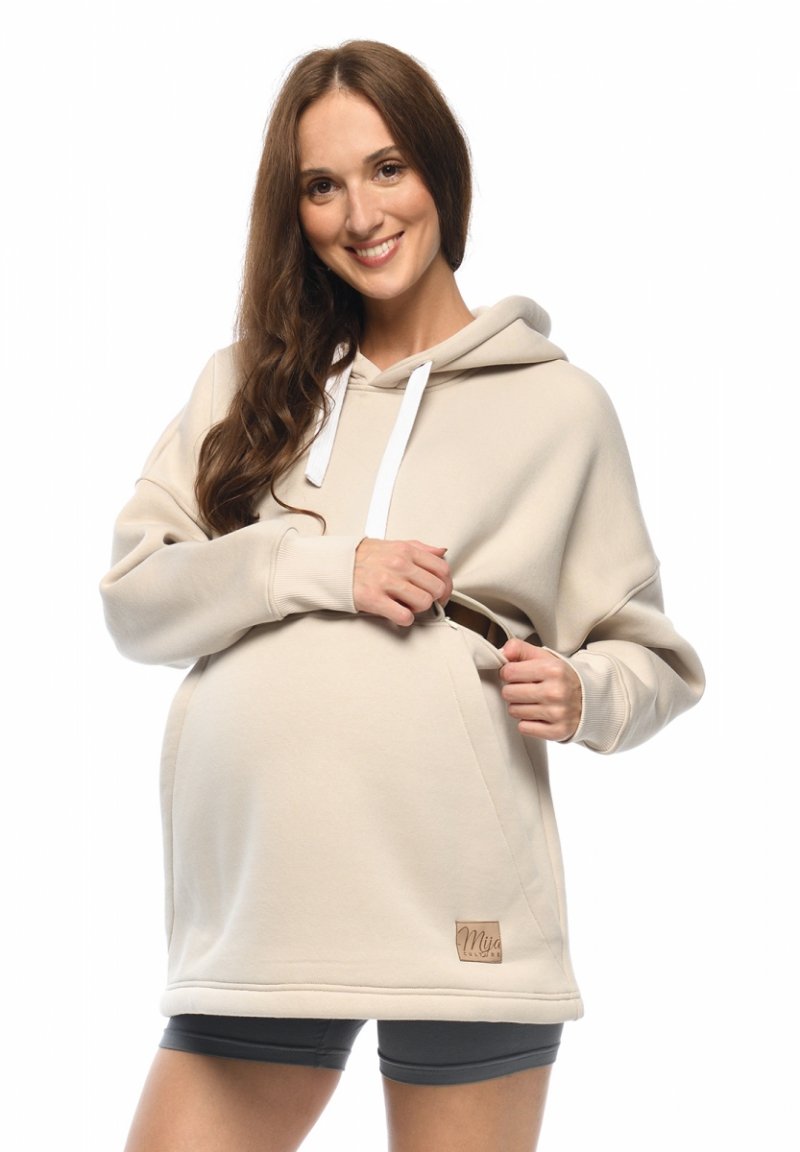 MijaCulture - 3 w 1 ciepła bluza oversize ciążowa i do karmienia z kapturem „Megan ” M0121 Beżowa