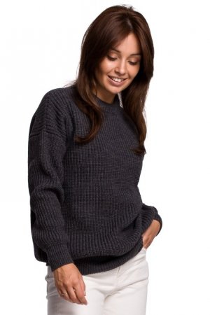 Be Knit BK052 Długi sweter w prążek - grafitowy
