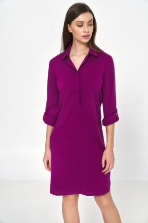 Nife Purpurowa sukienka oversize z podwijanym rękawem - S226