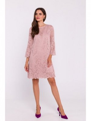 Stylove S380 Koronkowa sukienka trapez - pudrowa