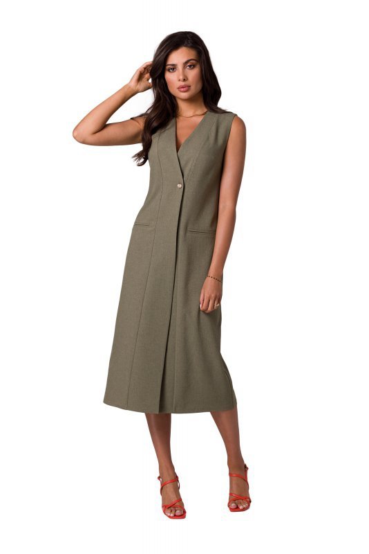 BeWear B254 Prosta sukienka midi bez rękawów - oliwkowa