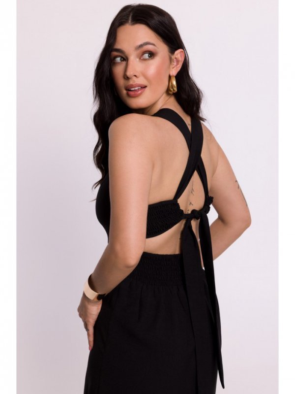 BeWear B281 Sukienka z gumowanym paskiem i wiązaniem na plecach - czarna