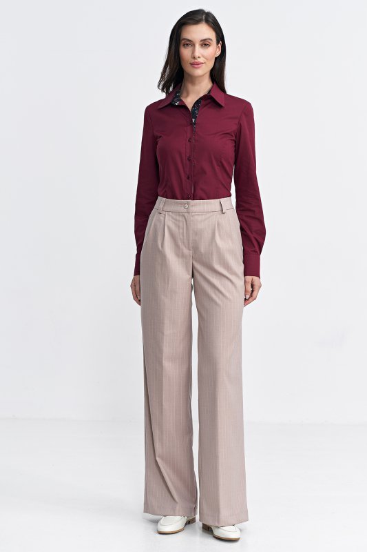 Nife Spodnie z zakładkami, wide leg, prążek - beż - SD105