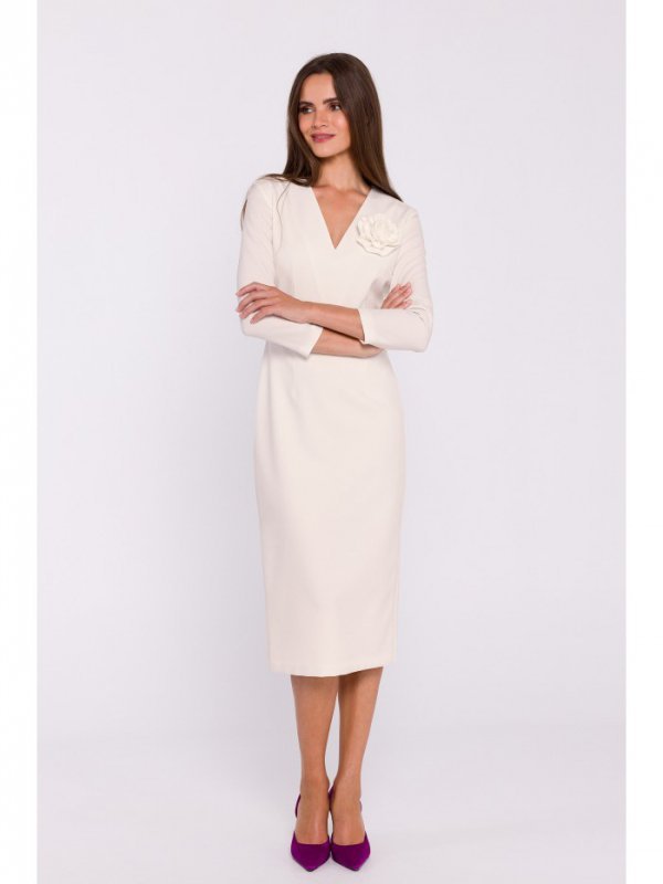 Stylove S372 Sukienka midi z kwiatkiem - kość słoniowa