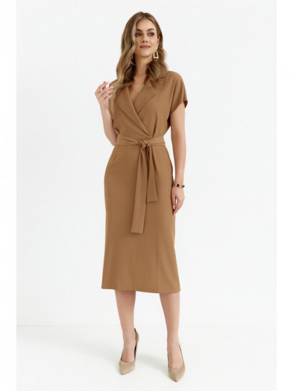 Stylove S363 Sukienka midi z kołnierzem - beżowa
