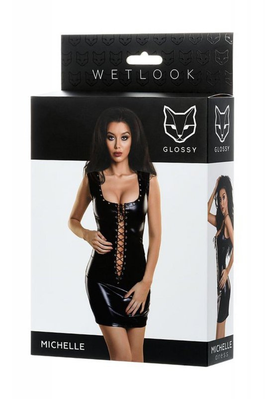 Glossy Glossy Shiny Wetlook dress with a lace MICHELLE - black