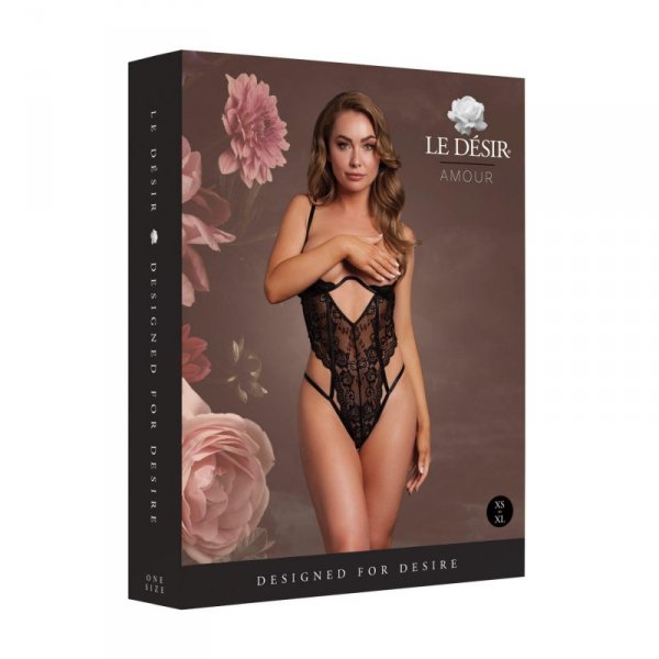 Le Désir Lace Underwired Open Cup Bodysuit with Adjustable Sliders - One Size - Black