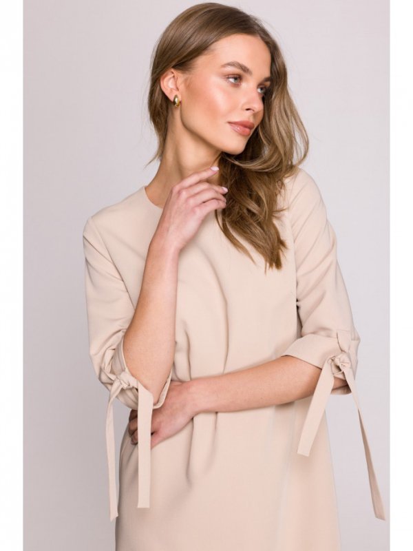 Stylove S393 Sukienka z wiązanymi rękawami - beżowa