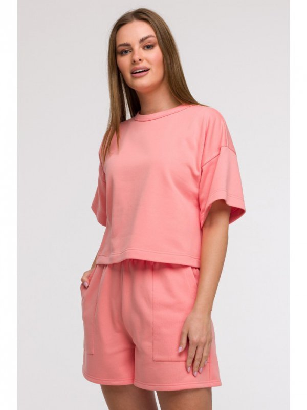 BeWear B294 Bluza oversize z krótkimi rękawami - koralowa