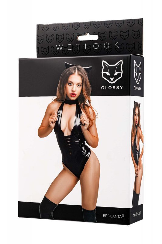 Glossy Glossy Kitti,bodysuit and cat ears,wetlook,black,XL