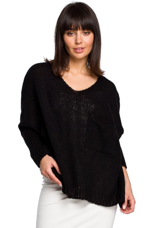Be Knit BK018 Luźny sweter z kieszenią - czarny