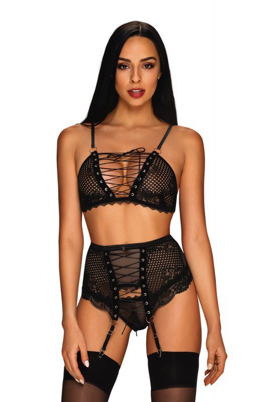 Obsessive Basitta 3-pcs set bielizna nocna komplet biustonosz + stringi + pas do pończoch