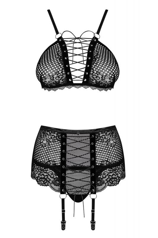 Obsessive Basitta 3-pcs set bielizna nocna komplet biustonosz + stringi + pas do pończoch