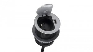 Gniazdo meblowe na 1 gniazdo 2P+Z 16A 230V + 1x USB 2,4A okrągły wpuszczany w blat SINGLE BOX 1,8m srebrny
