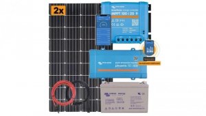 Zestaw na łódź motorową: panele słoneczne 2x175W, regulator ładowania MPPT 20A, przetwornica Phoenix 400W i akumulator 110Ah