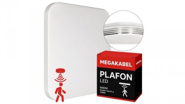 Lampa sufitowa plafon LED 36W kwadrat zimna barwa + CZUJNIK RUCHU CX-33 MEGAKABEL