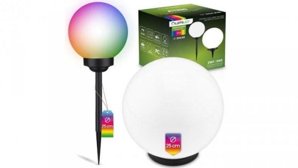 Lampa Solarna Ogrodowa LED ATRIS Wbijana Naziemna Biała Kula 25cm RGB LUMILED