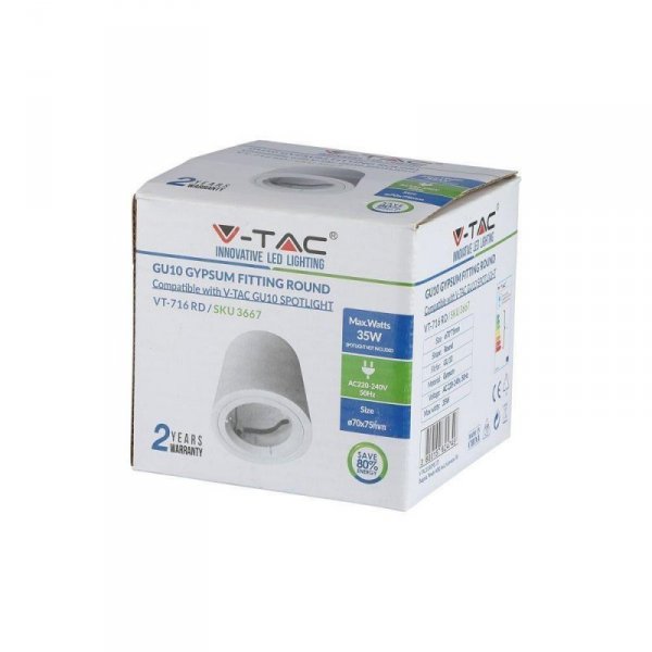 Oprawa V-TAC GIPS GU10 Natynkowa Tuba Okrągła Biała 75x75mm VT-716RD