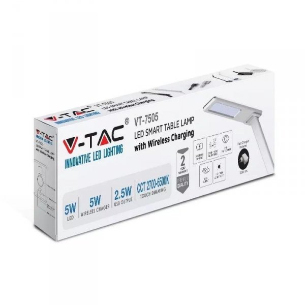 Lampka Biurkowa V-TAC 5W 3w1 Indukcja Zmiana Barwy Biała VT-7505 3000K-6500K 560lm