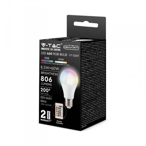 Żarówka LED V-TAC 8,5W E27 A60 Pilot VT-2229-N-1 RGB+4000K 806lm