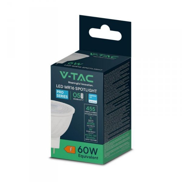 Żarówka LED V-TAC SAMSUNG CHIP 6W GU5.3 MR16 12V 38st VT-257 4000K 455lm 5 Lat Gwarancji