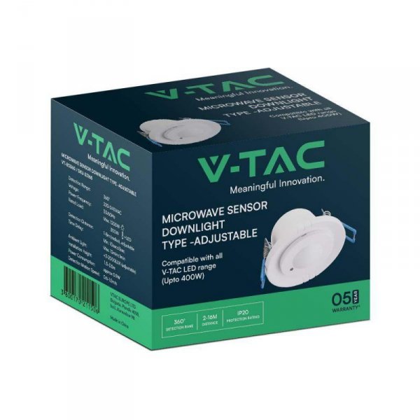 Czujnik Ruchu Mikrofalowy V-TAC Sufitowy Podtynkowy 360st fi80 1200W Biały VT-80360 5 Lat Gwarancji