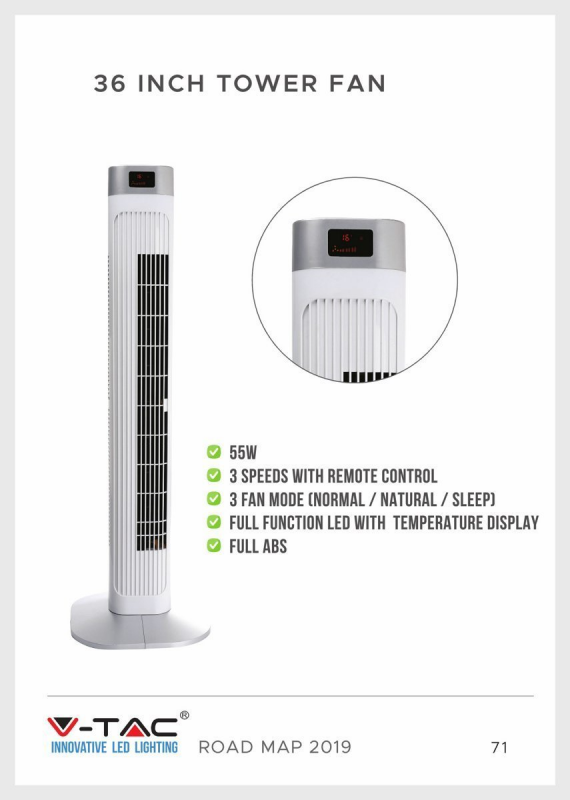 Wentylator Wieżowy V-TAC z wyświetlaczem temperatury i pilotem 55W 95cm Biały VT-5536