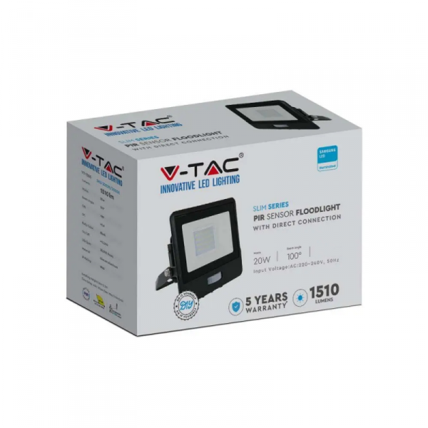 Projektor LED V-TAC 20W SAMSUNG CHIP Czujnik Ruchu Czarny Z MUFĄ VT-128S-B 3000K 1510lm 5 Lat Gwarancji
