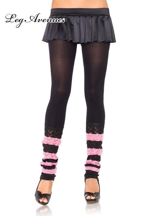 SCRUNCHY legginsy z ażurowymi marszczonymi nogawkami paski czarno - różowe