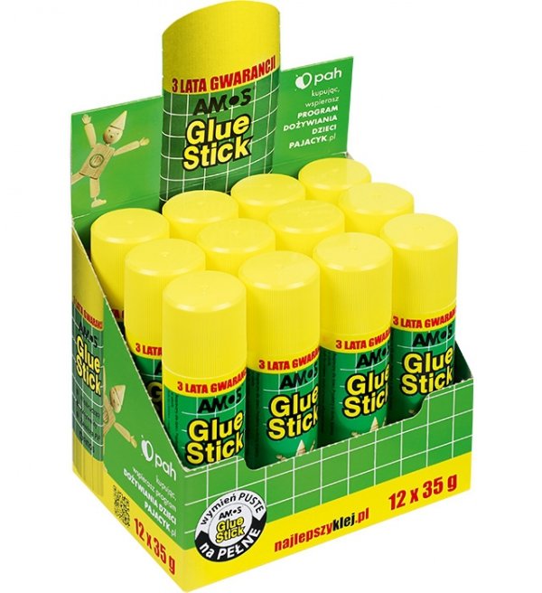 Klej w sztyfcie Amos szkolny biurowy 35 g 12 sztuk DISPLAY