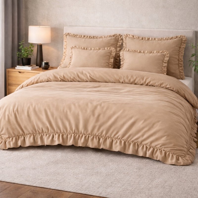 POŚCIEL 160x200 Z FALBANĄ KOMPLET 3 CZĘŚCIOWY MIKROFIBRA KOLOR BEŻ CIEMNY