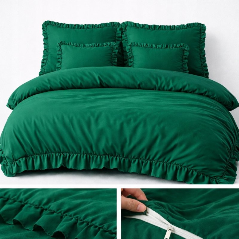 POŚCIEL 160x200 Z FALBANĄ ZIELEŃ KOMPLET 3 CZĘŚCIOWY KOLOR BUTELKOWA