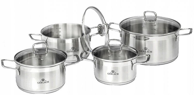 Zestaw garnków stal nierdzewna, Trójwarstwowe dno 8 elementów Gerlach Brava