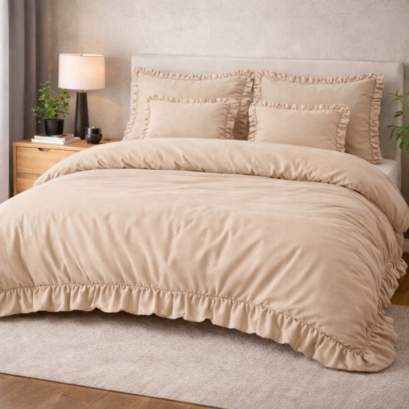 POŚCIEL 160x200 Z FALBANĄ KOMPLET 3 CZĘŚCIOWY MIKROFIBRA KOLOR BEŻ