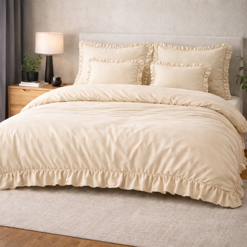 POŚCIEL 160x200 Z FALBANĄ KOMPLET 3 CZĘŚCIOWY MIKROFIBRA KOLOR ECRU