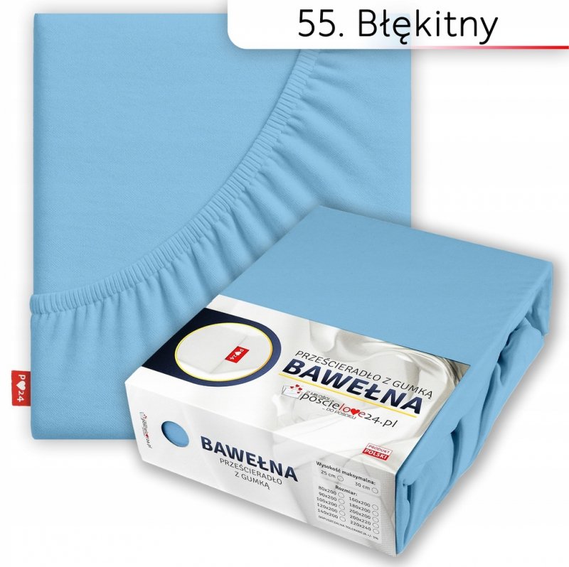 Prześcieradło 140x200 z Gumką GRUBA Bawełna Premium Bok 30 cm Błękitny