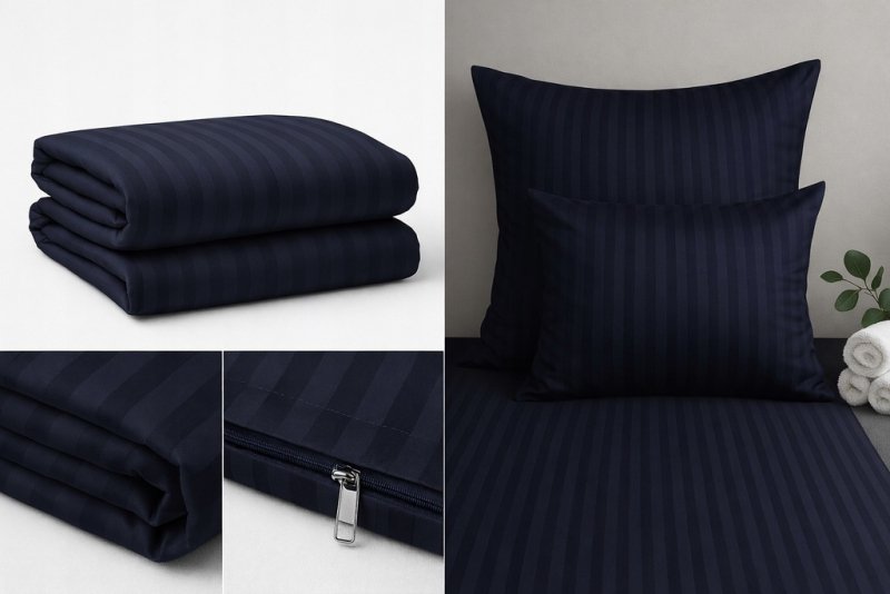 POŚCIEL 200x220 HOTELOWA 100% GRUBA BAWEŁNA SATYNOWA ADAMASZEK GRANATOWY