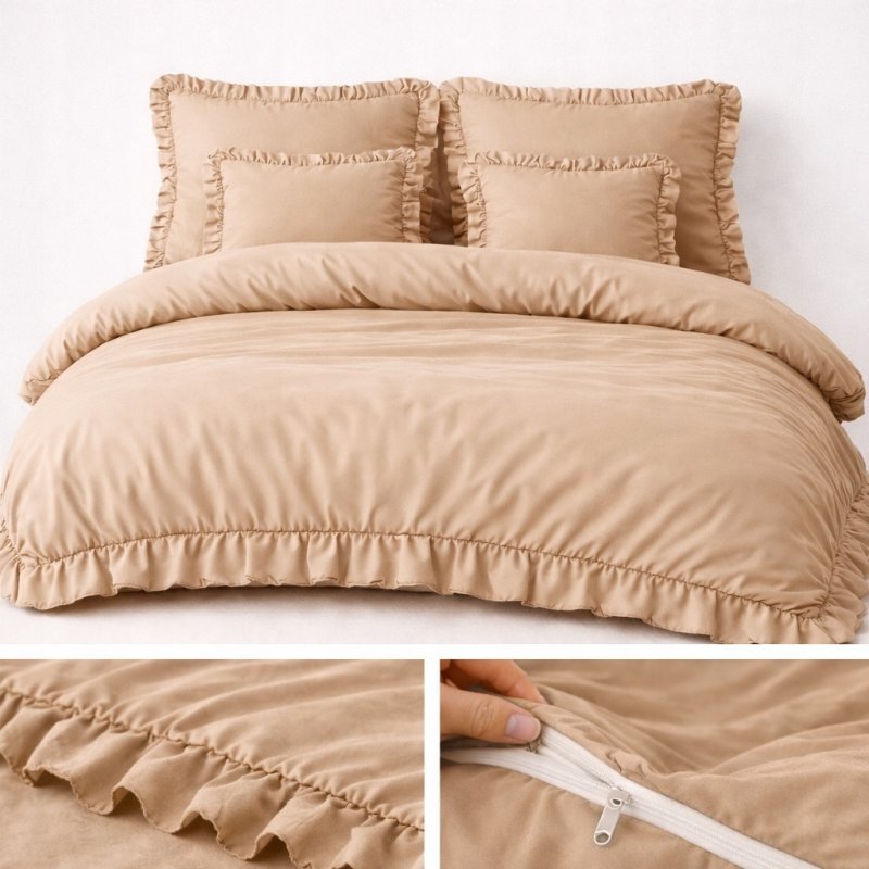 POŚCIEL 160x200 Z FALBANĄ KOMPLET 3 CZĘŚCIOWY MIKROFIBRA KOLOR BEŻ CIEMNY