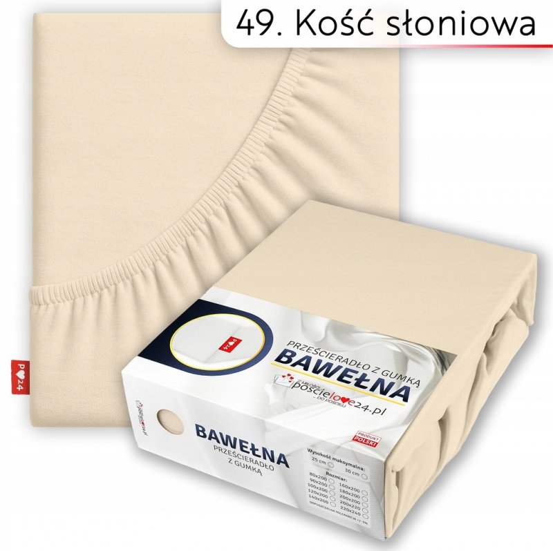 Prześcieradło 220x240 z Gumką GRUBA Bawełna Premium Bok 30 cm Kość słoniowa