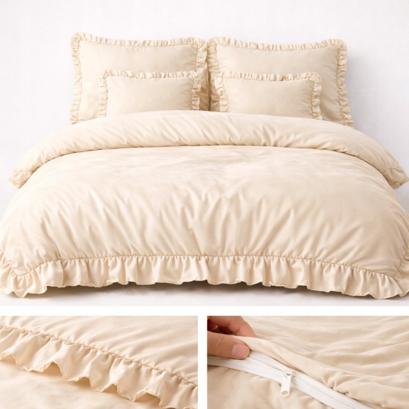 POŚCIEL 160x200 Z FALBANĄ KOMPLET 3 CZĘŚCIOWY MIKROFIBRA KOLOR ECRU