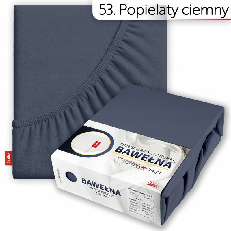 Prześcieradło 200x220 z Gumką GRUBA Bawełna Premium Bok 30 cm Popiel ciemny