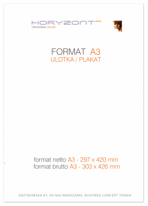 ulotka A3, druk pełnokolorowy obustronny 4+4, na papierze kredowym, 170 g, 450 sztuk