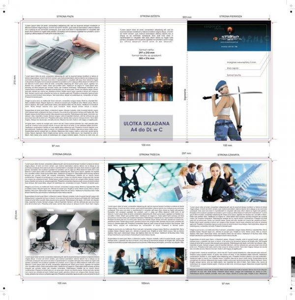 ulotka A4 składana do DL, druk pełnokolorowy obustronny 4+4, na papierze kredowym, 250 g, 350 sztuk