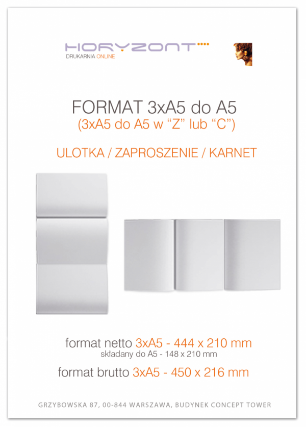 ulotka 3xA5 składana do A5, druk pełnokolorowy obustronny 4+4, na papierze kredowym, 130 g, 50 sztuk  